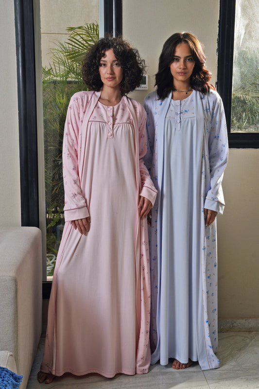 طقم قميص بالروب قطن خريفى طويل