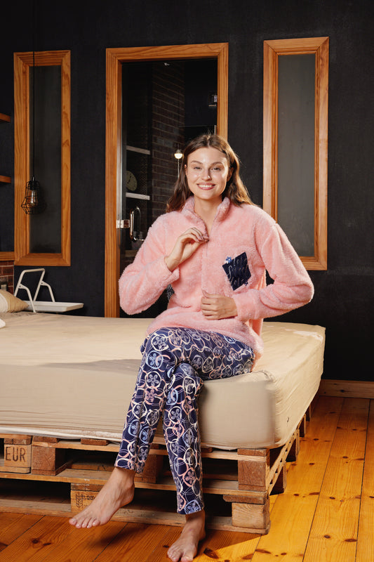 بيجامة قطعتين جاكيت بولار بنطلون قطيفة مطبوع