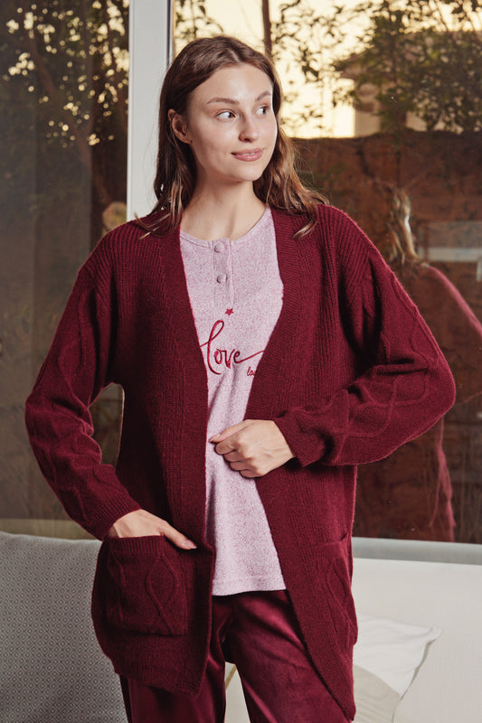 بيجامة 3قطع جاكيت تريكو بنطلون قطيفة ناعم