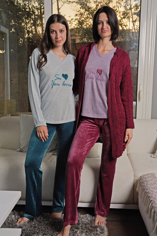 بيجامة 3قطع جاكيت تريكو بنطلون قطيفة