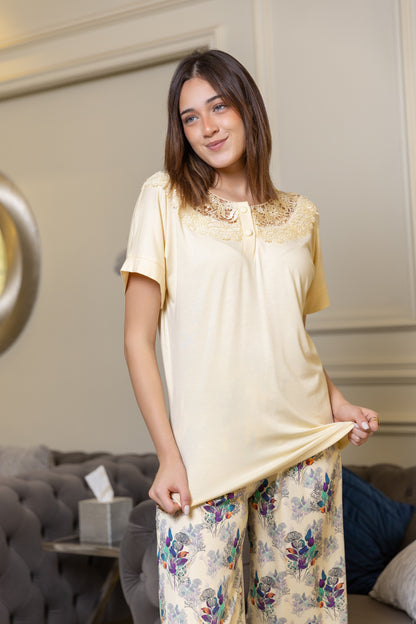 بيجامه قطعتين توب قطن ليكرا وبنطلون فسكوز