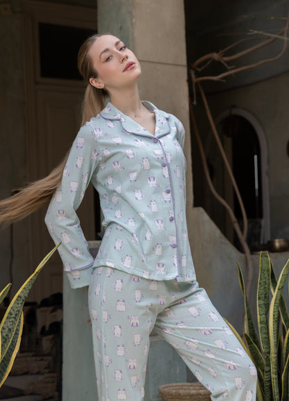 بيجامة حريمي زراير قطن ليكرا